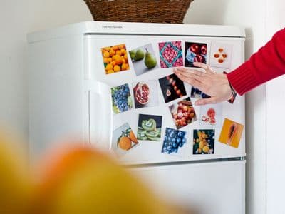 geschlossener Kühlschrank mit Bildern von Obst und Gemüse drauf 